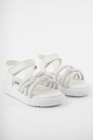 Prego (Arzen Sandalet) Poli Hafif  Taban Örgü Desenli Cırtlı Çocuk Sandalet BEYAZ