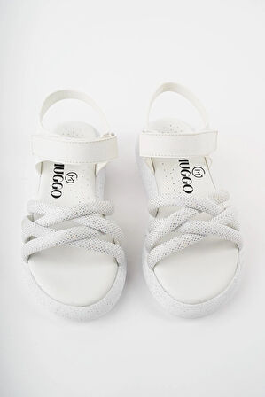 Prego (Arzen Sandalet) Poli Hafif  Taban Örgü Desenli Cırtlı Çocuk Sandalet BEYAZ