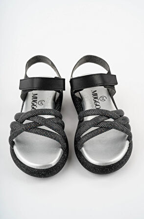 Prego (Arzen Sandalet) Poli Hafif  Taban Örgü Desenli Cırtlı Çocuk Sandalet SİYAH