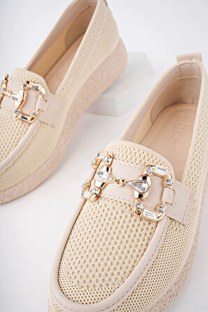 Beyaz (Shoes) Anatomik Tasarım Taşlı Toka Dokuma Oxford Kadın Ayakkabı BEJ
