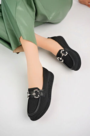 Beyaz (Shoes) Anatomik Tasarım Taşlı Toka Dokuma Oxford Kadın Ayakkabı SİYAH