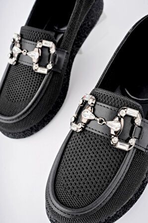 Beyaz (Shoes) Anatomik Tasarım Taşlı Toka Dokuma Oxford Kadın Ayakkabı SİYAH