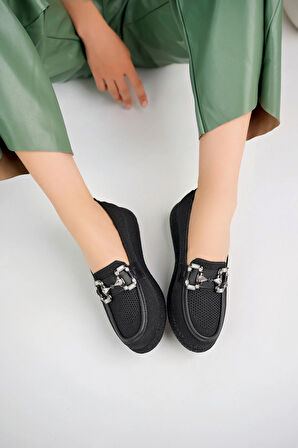 Beyaz (Shoes) Anatomik Tasarım Taşlı Toka Dokuma Oxford Kadın Ayakkabı SİYAH