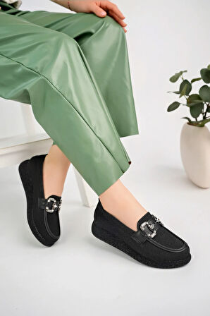 Beyaz (Shoes) Anatomik Tasarım Taşlı Toka Dokuma Oxford Kadın Ayakkabı SİYAH