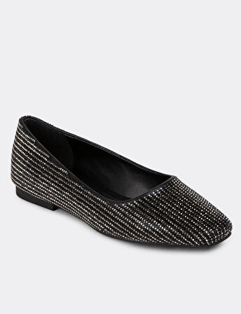 Beyaz (Shoes) Taş Detaylı Kadın Babet SİYAH