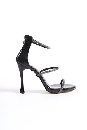 Beyaz (Shoes) Taş Biye Detaylı 3 Bant Topuklu Kadın Ayakkabı SİYAH