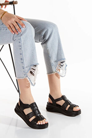 Prego (Ender) Iç Dış Hakiki Deri Ortopedik Taban Comfort Kadın Sandalet SİYAH