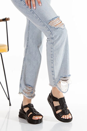 Prego (Ender) Iç Dış Hakiki Deri Ortopedik Taban Comfort Kadın Sandalet SİYAH