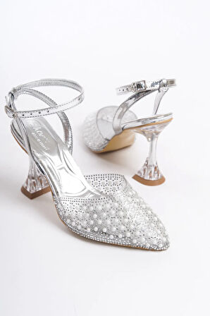 Prego (shoes) Cam Ökçe Şeffaf İnci Taş Detaylı Burnu Kapalı Abiye Ayakkabı GRİ