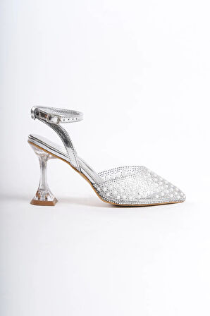 Prego (shoes) Cam Ökçe Şeffaf İnci Taş Detaylı Burnu Kapalı Abiye Ayakkabı GRİ