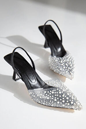 Prego (Emç) İnci Taş Detaylı Burnu Kapalı Abiye Kadın Ayakkabı SİYAH