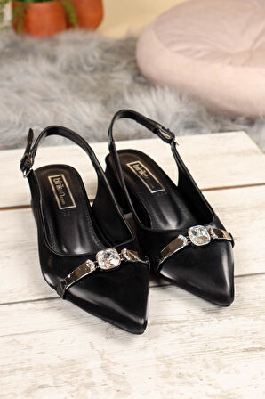 Prego (Park Moda) Taş Tokalı Arkası Açık Burnu Kapalı Alçak Topuklu Kadın Ayakkabı SİYAH