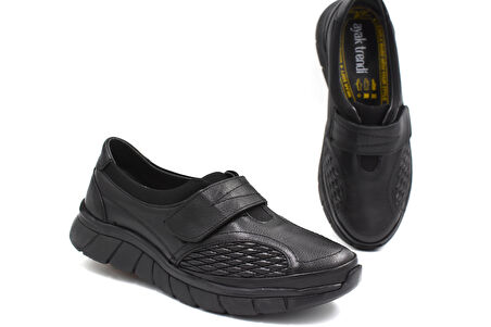 Prego (Ayak Trendi) Hakiki Deri Phlon Hafif Taban Cırtlı Günlük Comfort Kadın Ayakkabı SİYAH