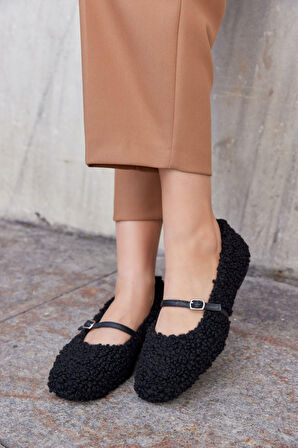 Beyaz (London) Ortadan Atklılı Kürklü Günlük Kadın Babet SİYAH