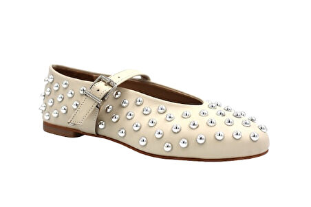 Beyaz (London) Tek bantlı Zımba Detaylı Günlük Kadın Babet BEJ