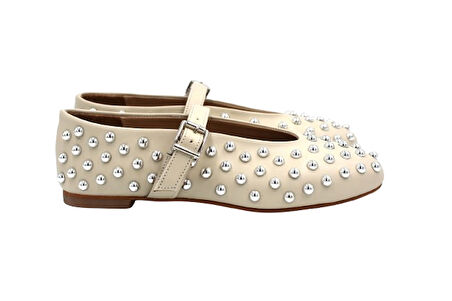 Beyaz (London) Tek bantlı Zımba Detaylı Günlük Kadın Babet BEJ