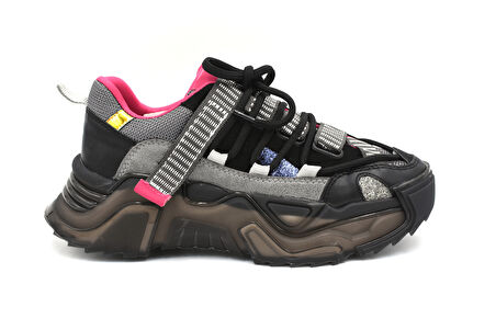 Beyaz (London) Asimetrik Bağcıklı Şeffaf Kalın Taban Kadın Spor Ayakkabı SİYAH