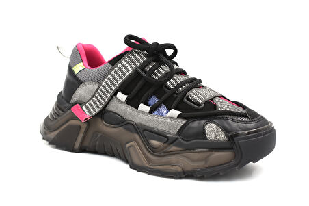 Beyaz (London) Asimetrik Bağcıklı Şeffaf Kalın Taban Kadın Spor Ayakkabı SİYAH