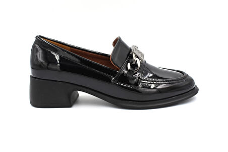 Beyaz (Park Moda) Kalın Topuklu Toka Detaylı Günlük Loafer Kadın Ayakkabı RUGAN SİYAH
