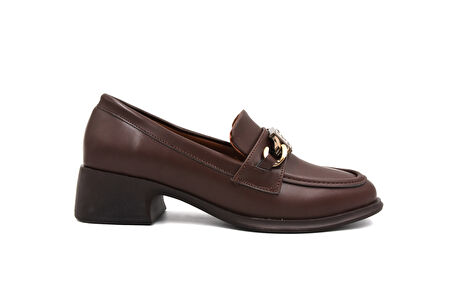 Beyaz (Park Moda) Kalın Topuklu Toka Detaylı Günlük Loafer Kadın Ayakkabı KAHVE