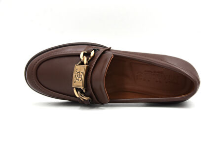 Beyaz (Park Moda) Kalın Topuklu Toka Detaylı Günlük Loafer Kadın Ayakkabı KAHVE