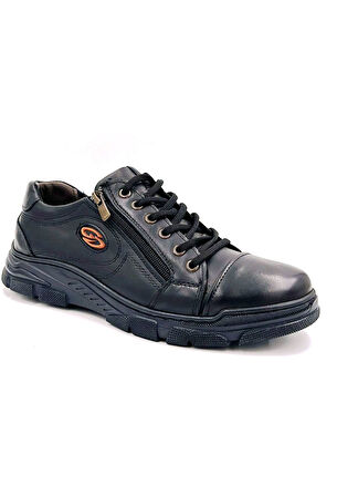 Beyaz (01 Best) Hakiki Deri Termo Kaymaz Taban Fermuarlı Bağcıklı Günlük Erkek Ayakkabı SİYAH