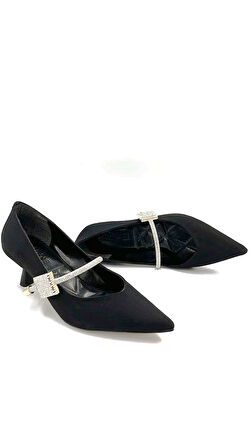 Beyaz (Park Moda) Suna Taş Biye Detaylı İnce Alçak Topuklu Günlük Kadın Ayakkabı SİYAH