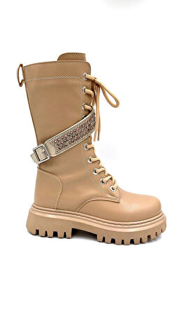 Beyaz (Vetta) Süka Taş Kemer Detaylı Termo Kaymaz Taban Fermuarlı&Bağcıklı Günlük Kadın Bot VİZON