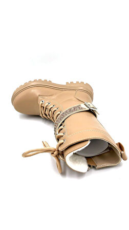 Beyaz (Vetta) Süka Taş Kemer Detaylı Termo Kaymaz Taban Fermuarlı&Bağcıklı Günlük Kadın Bot VİZON