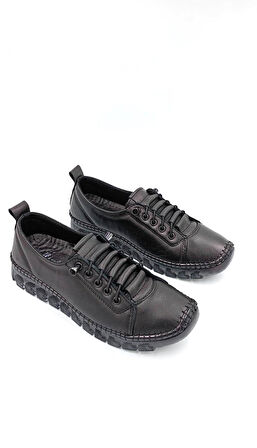 Beyaz (İniesta) Kuko Hakiki Deri Termo Kaymaz Taban Comford Günlük Kadın Ayakkabı SİYAH