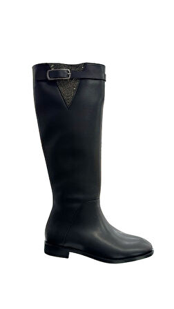 Beyaz (Park Moda) Lisa Günlük Kadın Dizaltı Çizme siyah taşlı