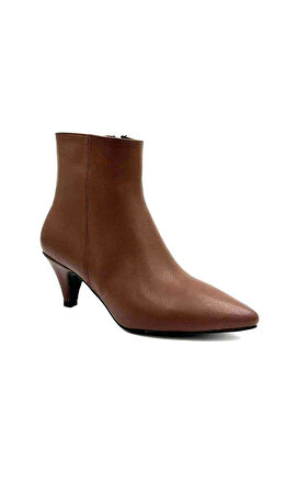 Beyaz (Pine Cone) İnce Topuklu Sivri Burun Fermuarlı Günlük Kadın  Kısa Çizme KAHVE