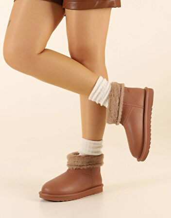 Beyaz İçi Kürk Detaylı Eva 2 cm Topuklu Faylon Kadın Yağmur Botu TABA