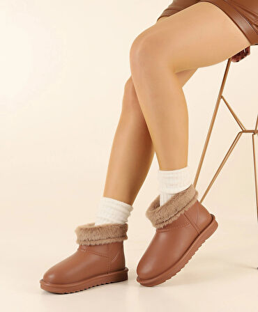 Beyaz İçi Kürk Detaylı Eva 2 cm Topuklu Faylon Kadın Yağmur Botu TABA