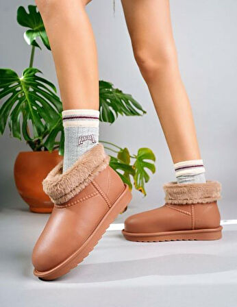 Beyaz İçi Kürk Detaylı Eva 2 cm Topuklu Faylon Kadın Yağmur Botu TABA