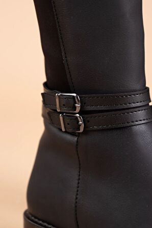 Beyaz (Oc Shoes) Londa Arkası Strech Yan Kemerli Termo Kaymaz Taban Kadın Çizme SİYAH