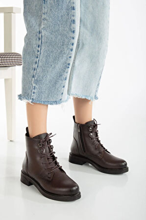 Beyaz (Oc Shoes) Termo Kaymaz Taban Bağcıklı&Fermuarlı Kadın Bot KAHVE