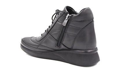 Beyaz (Clavi) Hakiki Deri Poli Hafif Taban Fermuarlı Günlük Kadın Comfort Ayakkabı SİYAH