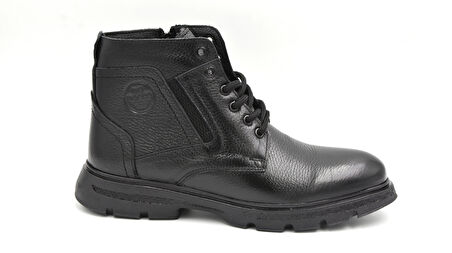 Beyaz (Bozkaya) Hakiki Deri Termo Kaymaz Taban İçi Kürklü Fermuarlı&Bağcıklı Erkek Bot SİYAH