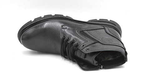 Beyaz (Bozkaya) Hakiki Deri Termo Kaymaz Taban İçi Kürklü Fermuarlı&Bağcıklı Erkek Bot SİYAH