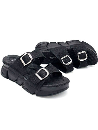 Muya Kiirus Masajlı Taban Çift Tokalı Kadın Terlik SİYAH