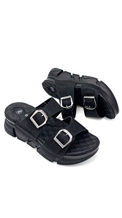 Muya Kiirus Masajlı Taban Çift Tokalı Kadın Terlik SİYAH