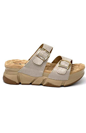 Muya Kiirus Masajlı Taban Çift Tokalı Kadın Terlik BEJ
