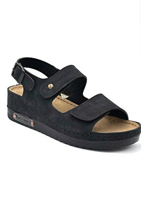 Roy Jones Kadın Ortopedik Anatomik Tabanlı Çift Bantlı Cırt Cırtlı Arkadan Tokalı Günlük Sandalet Terlik MAT SİYAH