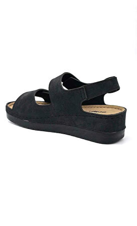 Roy Jones Kadın Ortopedik Anatomik Tabanlı Çift Bantlı Cırt Cırtlı Arkadan Tokalı Günlük Sandalet Terlik MAT SİYAH