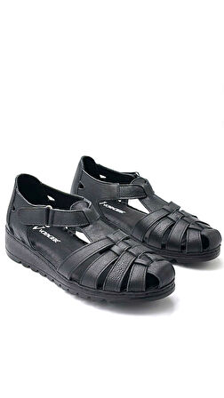 Voyager İçi Dışı Hakiki Deri Günlük Kadın Sandalet Ayakkabı SİYAH