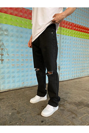 Siyah Dizi Yırtık Baggy Jean