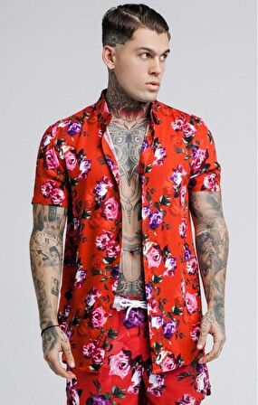 SikSilk Red Rose Printed Erkek Gömlek