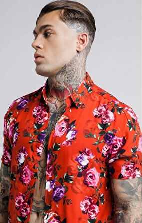 SikSilk Red Rose Printed Erkek Gömlek