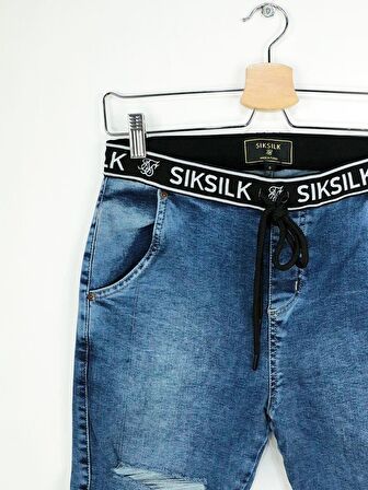 SikSilk Elastic Erkek Kot Şort Mavi